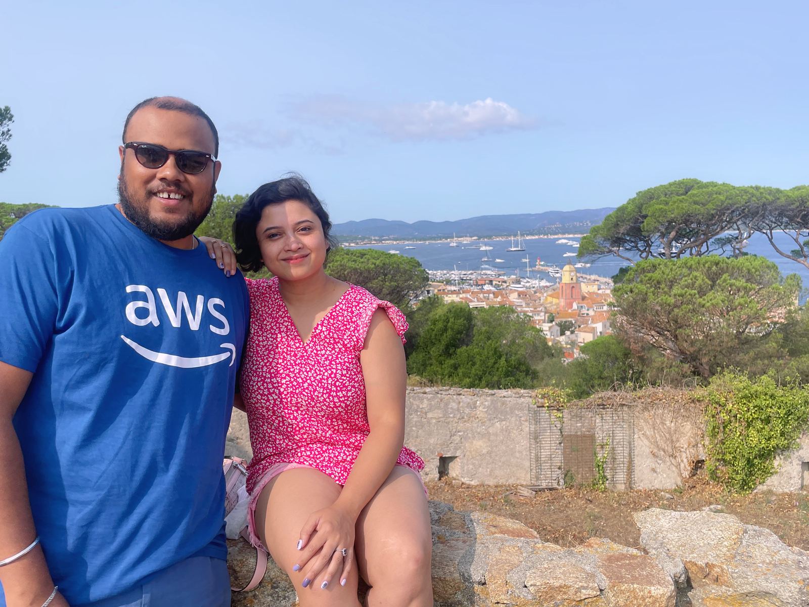 Sucheta and Utsav at the Citadelle ruins above Saint Tropez, town and harbour behind them
